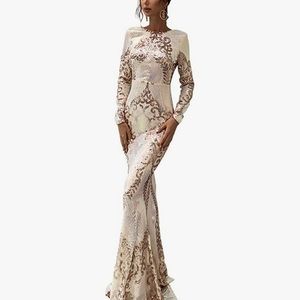 Long sleeve gold sequin evening gown